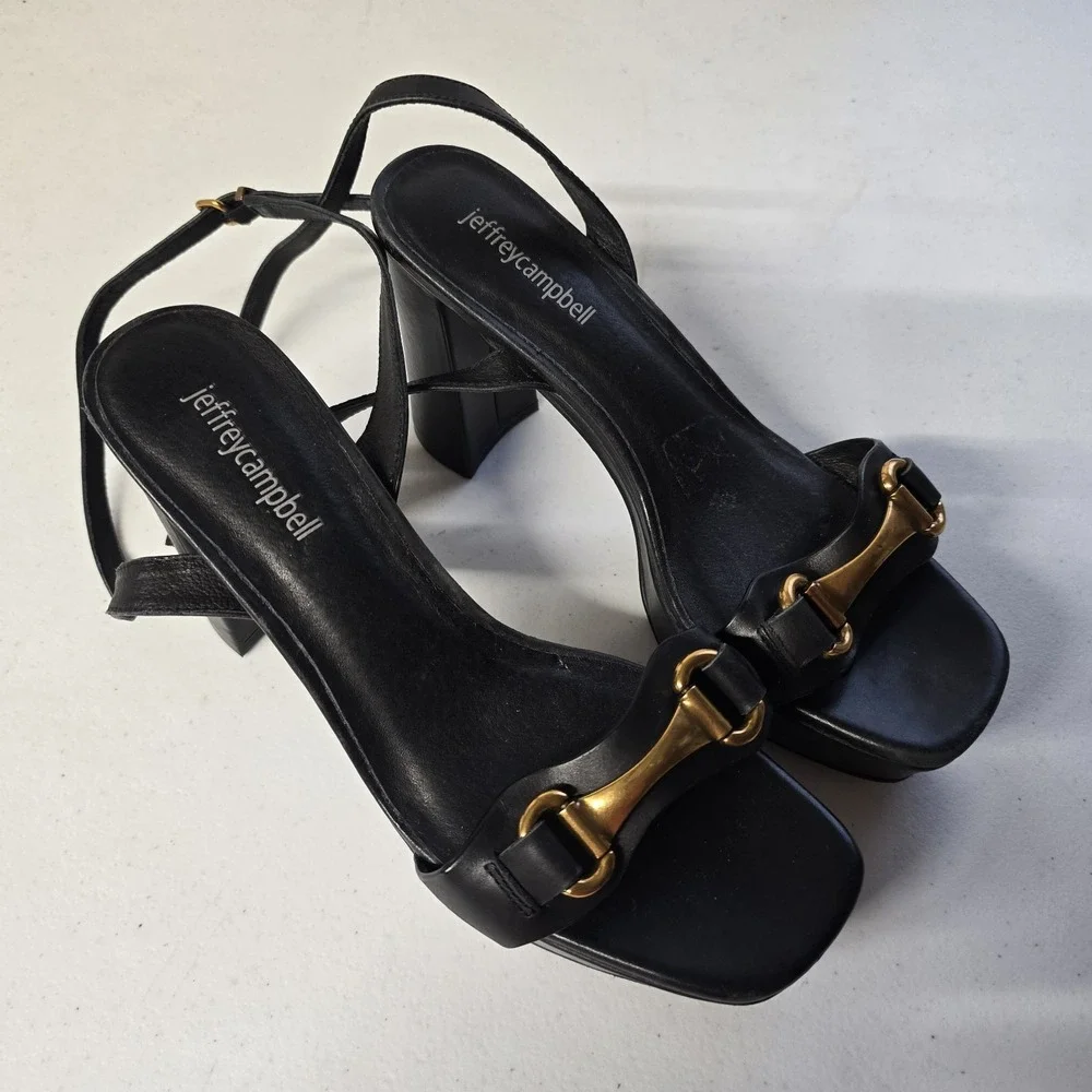 Jeffrey Campbell ‎ Ankle Strap Block heel Sandal  In Black Leather Sz 8.5